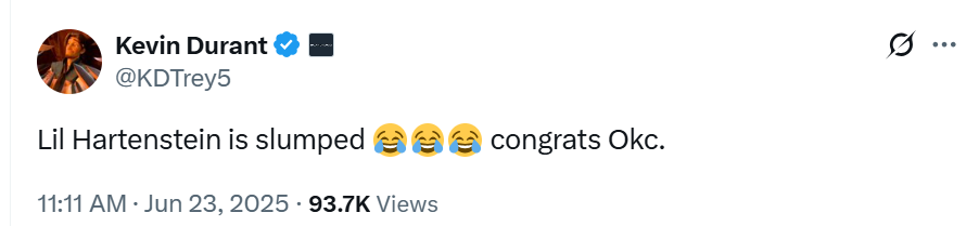 杜兰特更新社媒祝贺雷霆夺冠:小哈滕睡着了哈哈,恭喜雷霆